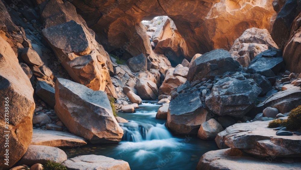 Poster cascading river flowing through a rocky gorge with warm lighting and textured stone formations creat