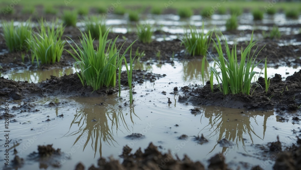 Poster Wet soil and puddles with sprouting green grass in spring highlighting marshland textures and reflections in a lush agricultural landscape.