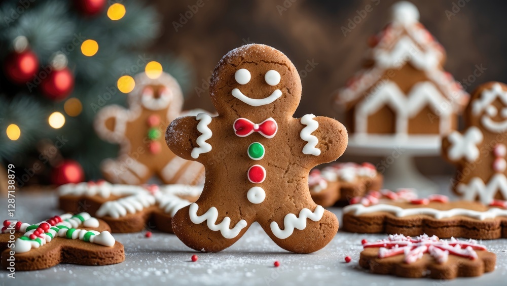 Poster Festive Homemade Gingerbread Cookies with Colorful Decorations and Holiday Theme on a Table with Copy Space for Text or Messages