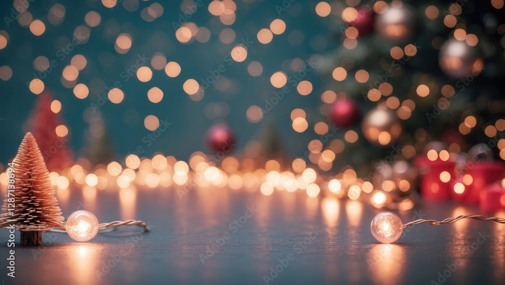 Poster holiday bokeh background with sparkling lights in living coral color featuring festive decor and a c