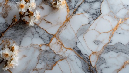 Obraz premium Elegant marble background with delicate white flowers and gold veins for sophisticated design and decor concepts.
