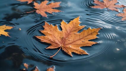 Maple leaf floating on tranquil water surface with ripples in a serene natural setting, capturing autumn's beauty and calmness.