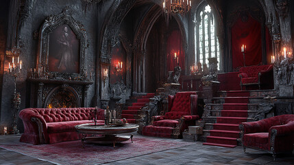 Gothic interior design inspiration castle setting digital art dark atmosphere wide angle timeless elegance