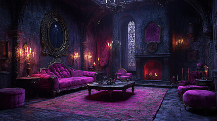 Gothic interior design inspiration haunted manor digital art dark atmosphere wide angle view mysterious elegance