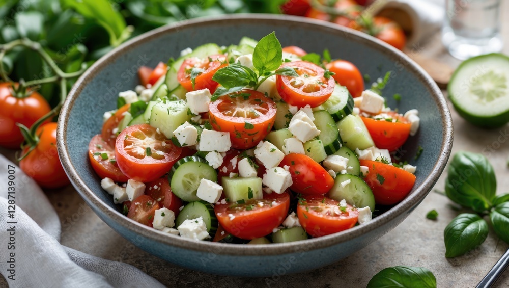 Aufkleber fresh tomato cucumber feta salad with basil in a bowl surrounded by ingredients on a rustic table