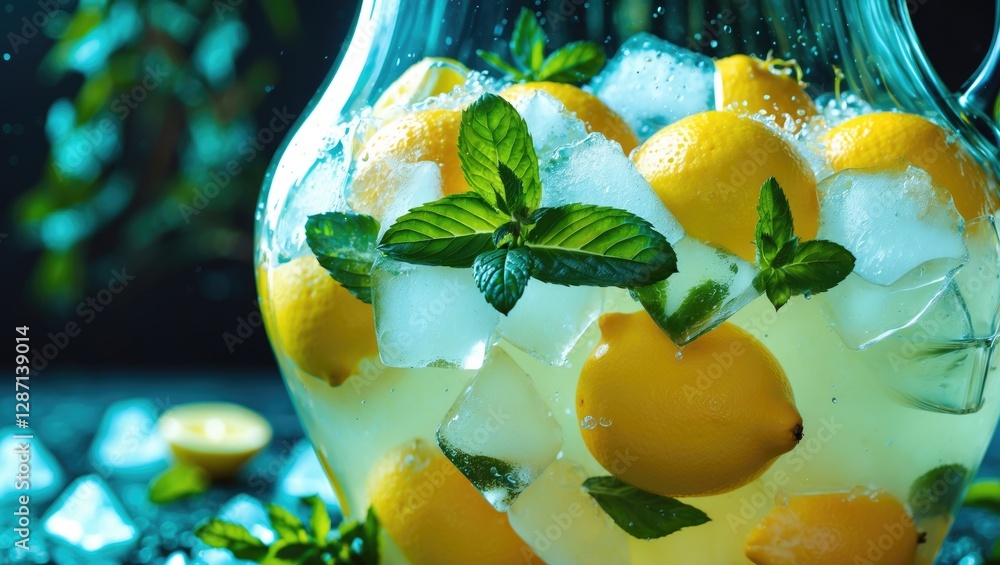 Poster refreshing homemade lemonade with lemons mint and ice in decanter close-up ideal for summer beverage