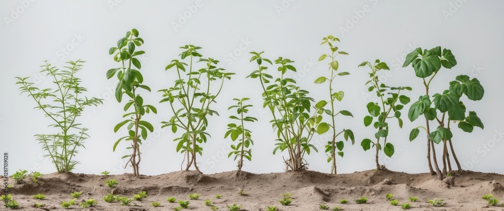 Poster diverse plants growing in sandy soil with copy space for text on a white background for nature or en