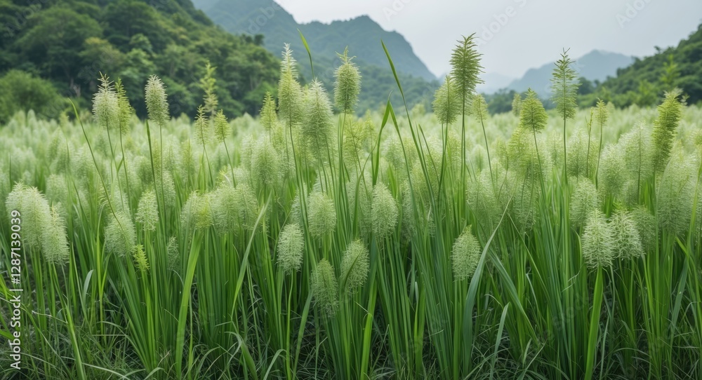 Poster imperata cylindrica grass field in asia with lush greenery and copy space for text in a scenic lands