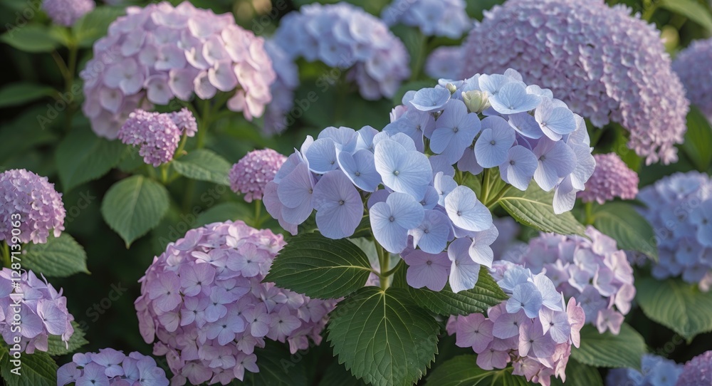 Poster vibrant hydrangea flowers in full bloom with soft blurry background for text overlay and seasonal am