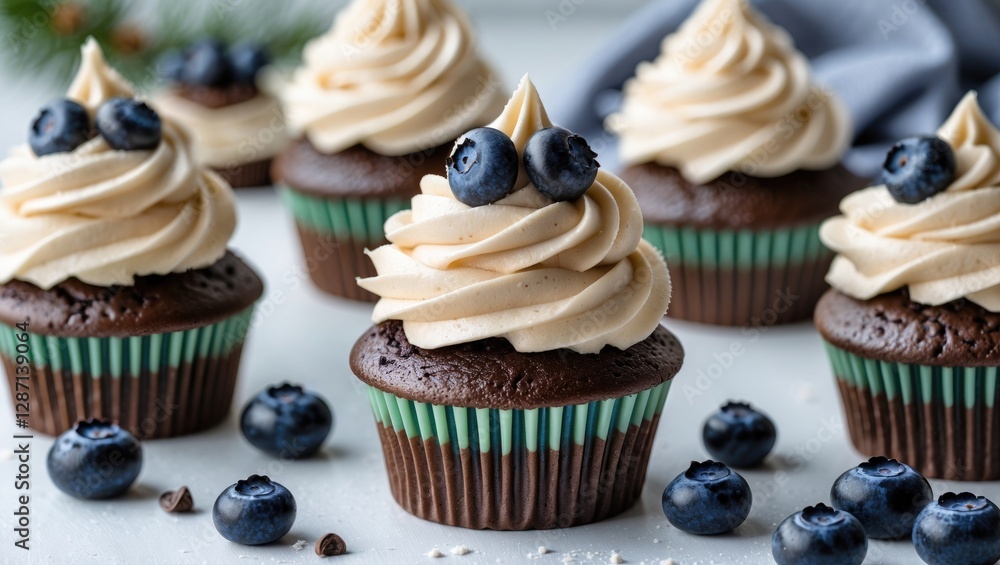 Poster chocolate cupcakes topped with buttercream frosting and fresh blueberries on white background ideal 