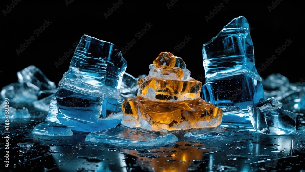 Poster Colorful ice blocks with reflections on a dark surface creating a striking visual contrast of blue and orange hues.
