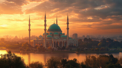 Obraz premium Stunning sunset view of majestic mosque with reflective water and dramatic skyline in serene urban setting