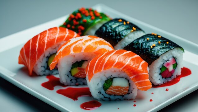 Savoring Japanese Delights Colorful Sushi Assortment on White Plate with Copy Space for Delicious Culinary Promotions