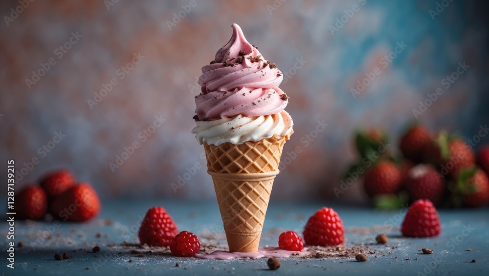 Poster delicious gelato ice cream cone with strawberries and copy space for text on a colorful background