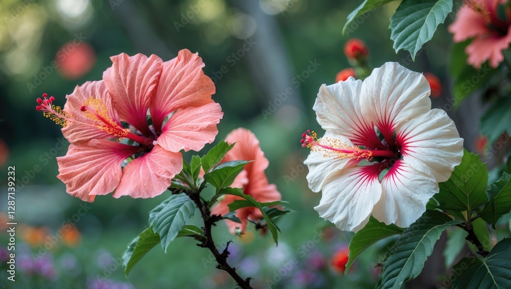 Poster Vibrant Hibiscus Flowers in Bloom Surrounded by Lush Green Leaves Creating a Serene Garden Atmosphere with Space for Text Overlay