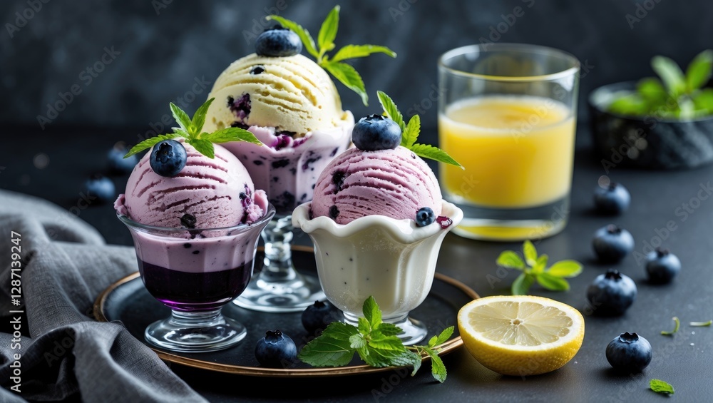 Poster delicious ice cream scoops with blueberries and lemon balm on a stylish black table with fresh juice