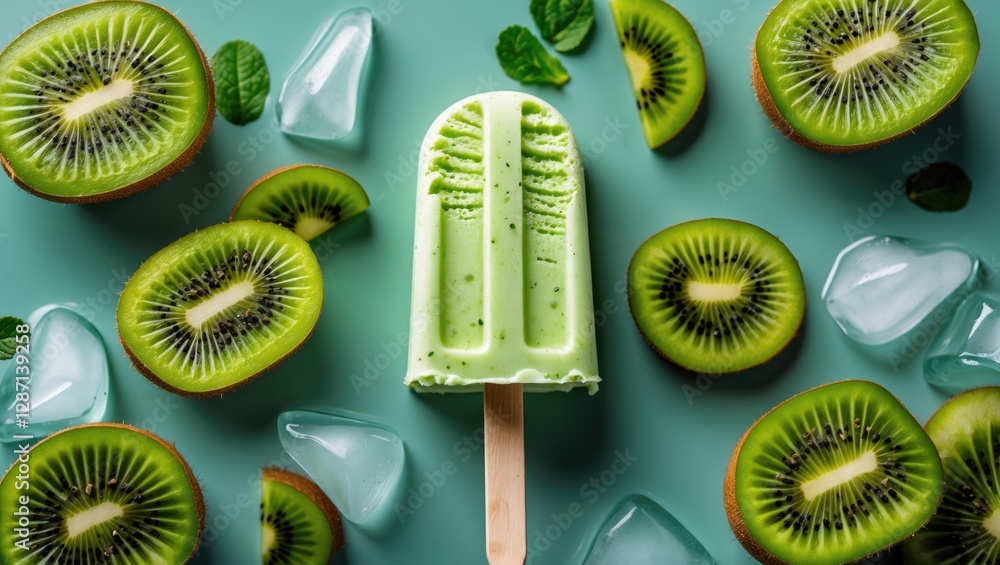 Aufkleber refreshing kiwi ice cream popsicle surrounded by fresh kiwi slices and ice cubes ideal for summer de