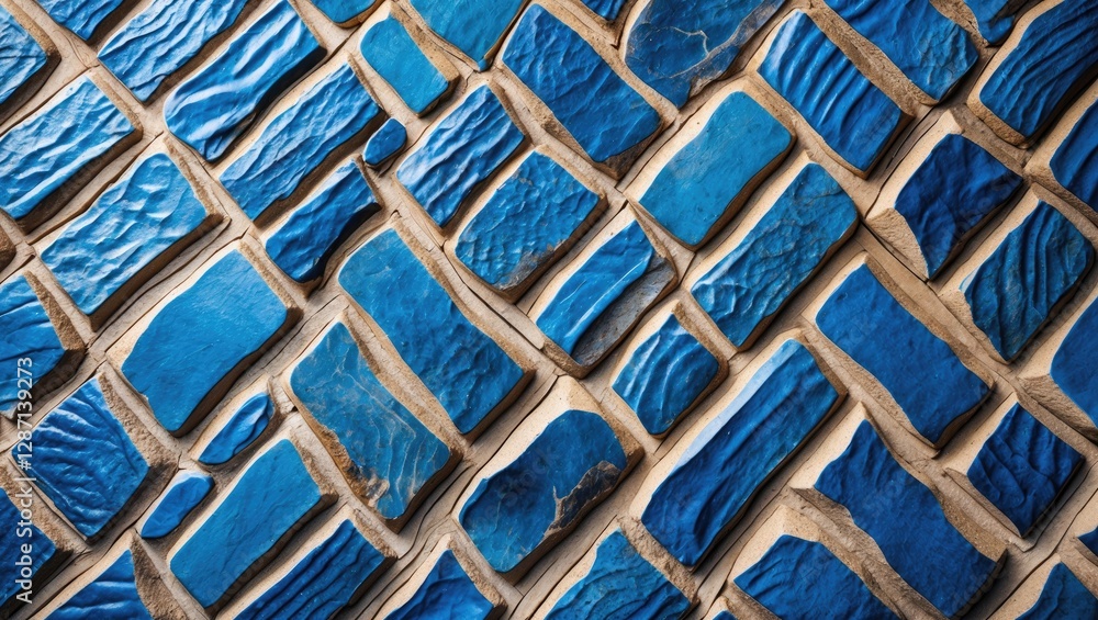 Poster Seamless herringbone pattern of textured blue tiles creating a vibrant cobblestone appearance for contemporary design applications
