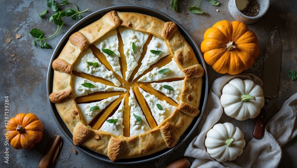 Aufkleber rustic pumpkin and ricotta galette pie sliced on a wooden table with decorative pumpkins and fresh g