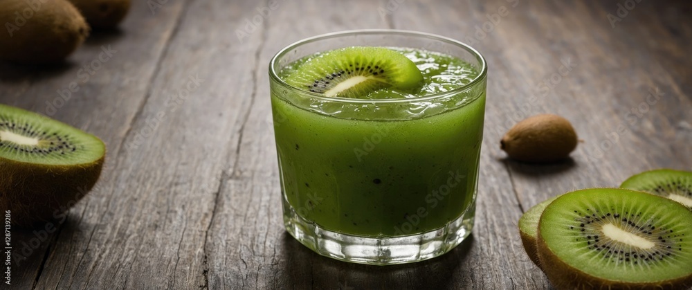 Poster refreshing kiwi juice served in a glass with fresh slices and whole kiwifruits on rustic wooden tabl