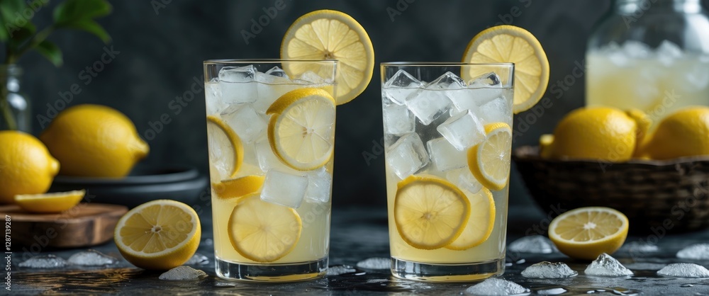 Poster Refreshing Ice Cold Lemonade Served in Two Glasses Garnished with Lemon Slices and Ice on a Dark Background with Fresh Lemons