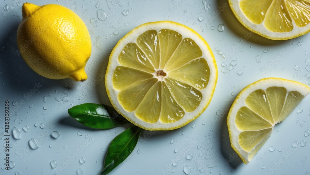 Aufkleber fresh lemon slices with green leaves on light background for culinary or beverage design with text s