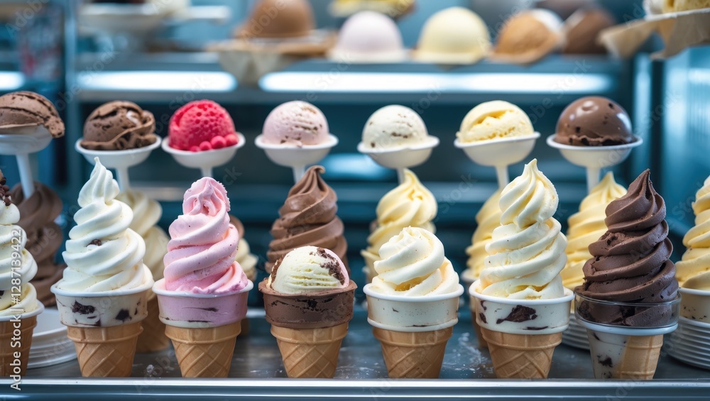 Poster colorful ice cream cones displayed in a showcase with various flavors and textures ideal for summer 