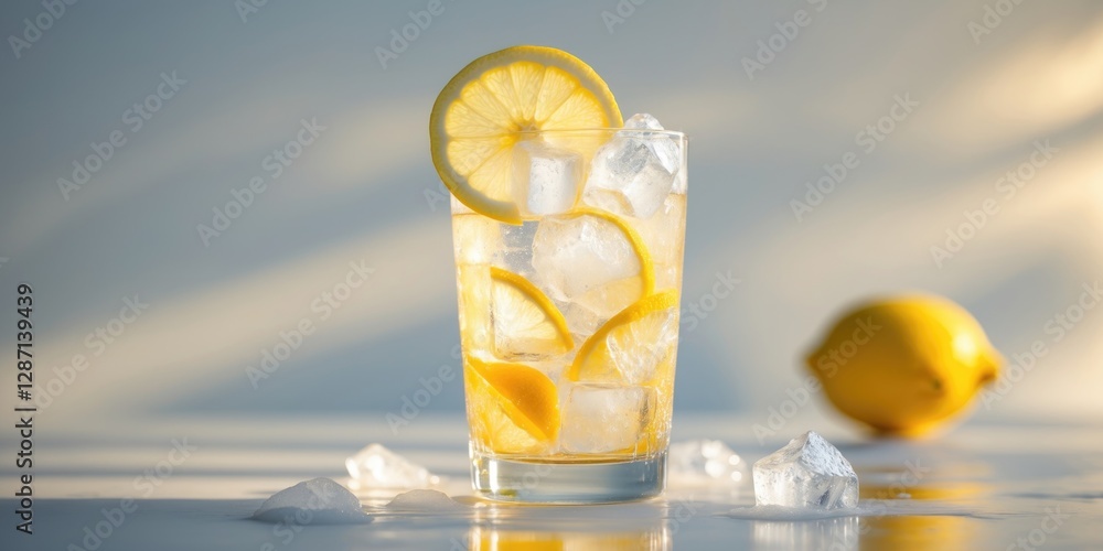 Aufkleber Refreshing Lemonade Cocktail in a Glass with Ice and Slices of Lemon on a Table Ready for Text Overlay