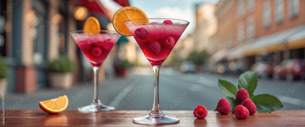 Poster refreshing raspberry martini cocktail with orange garnish on a cafe table. perfect for bar menu and 