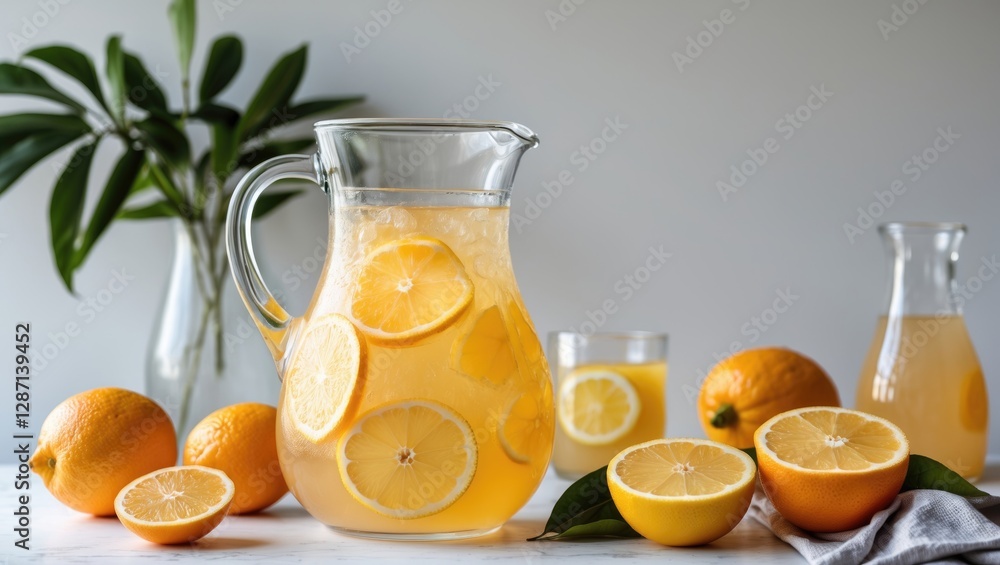 Poster refreshing pitcher of homemade orange lemonade with fresh fruits and greenery on a light background 