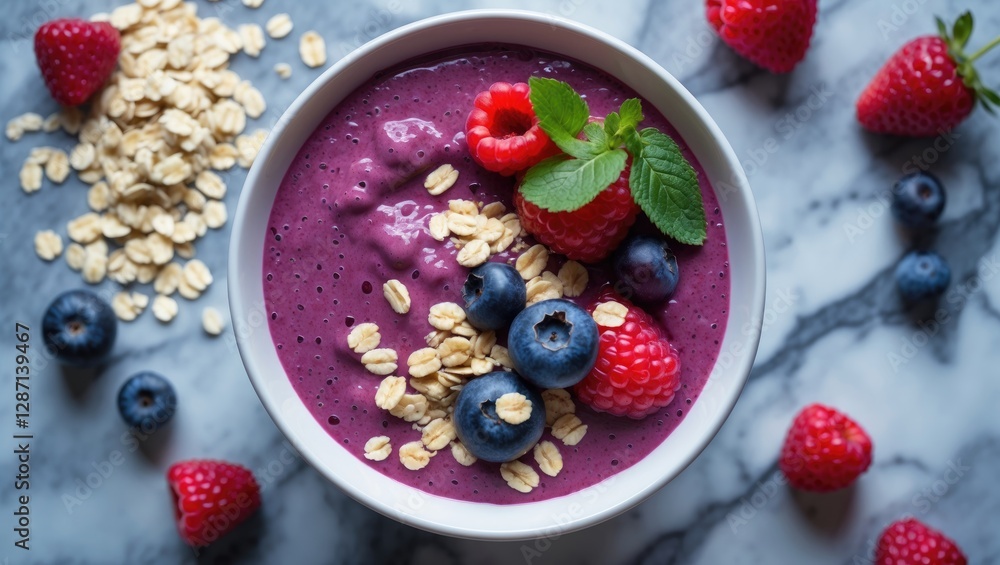 Poster berry oatmeal smoothie bowl with fresh fruits and mint on marble table top with empty space for text