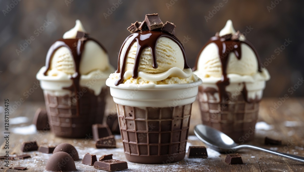 Poster delicious vanilla ice cream with chocolate drizzle and toppings in waffle cones on rustic wooden tab