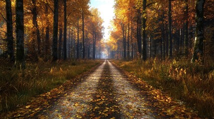 Autumn forest road; sunlit path through colorful trees; tranquil fall scene; perfect for wallpaper or nature backgrounds