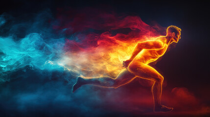 Dynamic running action urban environment digital art energy and motion vibrant colors concept