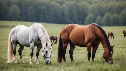 Fototapeta premium Horses Grazing Peacefully in a Lush Meadow with Space for Text Overlay and Scenic Nature Background