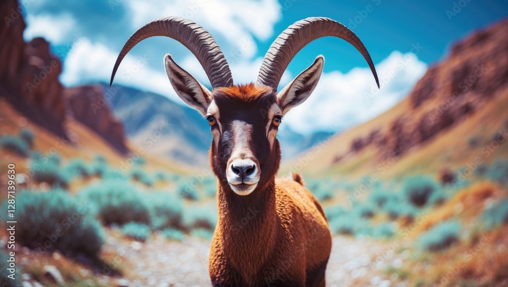 Aufkleber majestic ibex gazing at camera in scenic mountain landscape with space for text and nature highlight