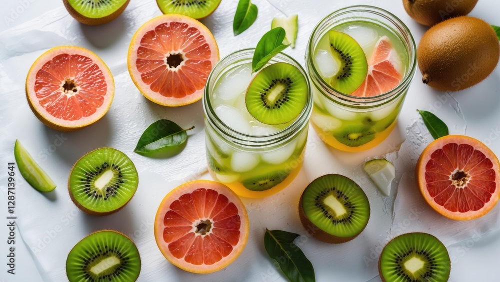 Poster Refreshing Kiwi and Grapefruit Lemonade in Jars Surrounded by Fresh Fruit on a Bright Background Top View