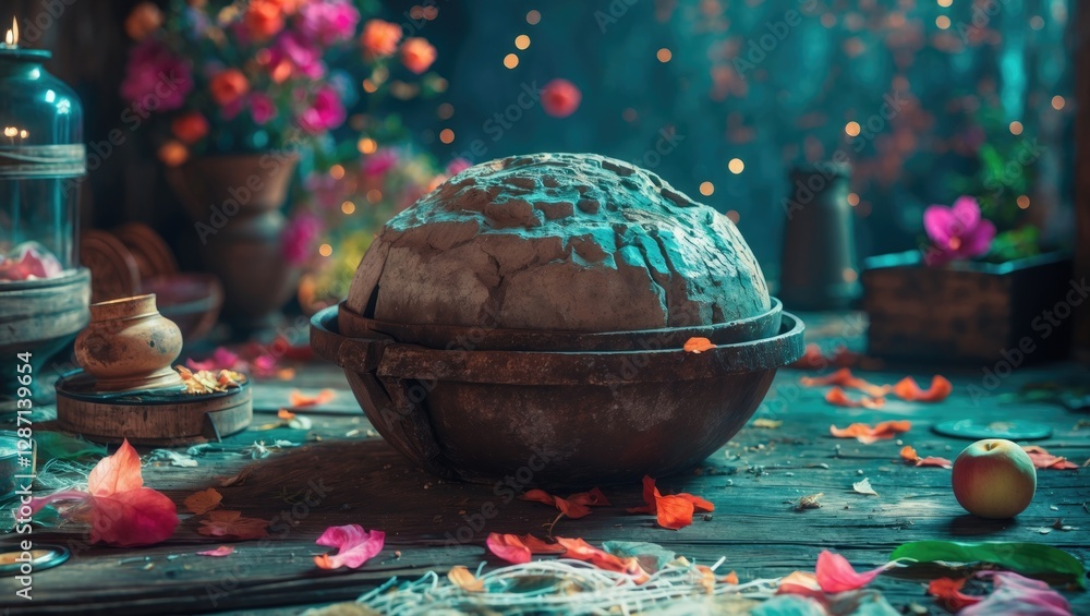 Poster aged rustic bowl surrounded by vibrant petals and flowers creating a warm and inviting ambiance on a