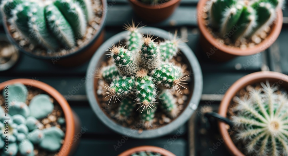 Poster cacti arrangement in various pots showcasing diverse shapes and textures from above in natural light