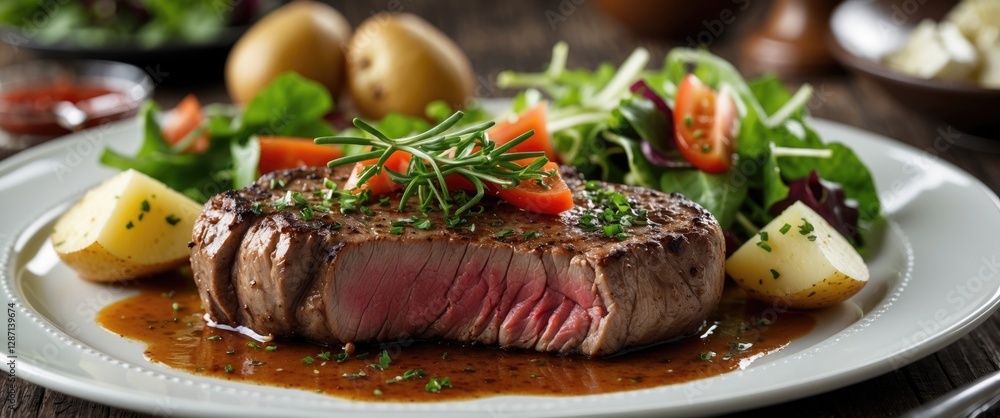 Poster delicious juicy steak accompanied by potatoes and fresh salad on white plate with space for your cus