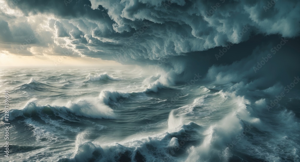 Poster dramatic ocean waves under dark stormy clouds with space for text and visual impact