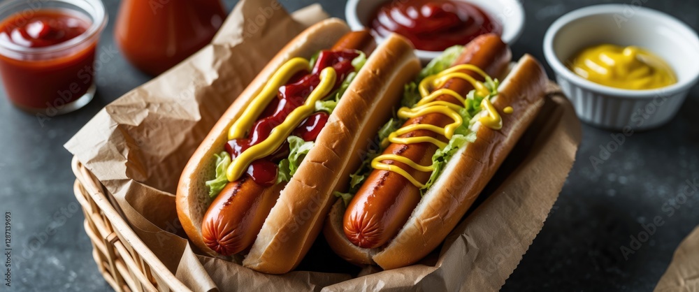 Aufkleber delicious hot dogs in basket with ketchup mustard and fresh lettuce against dark background with emp