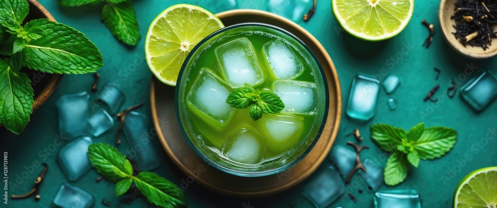 Poster Refreshing Iced Green Tea with Lime and Fresh Mint Garnish on a Colorful Surface with Space for Text or Graphics