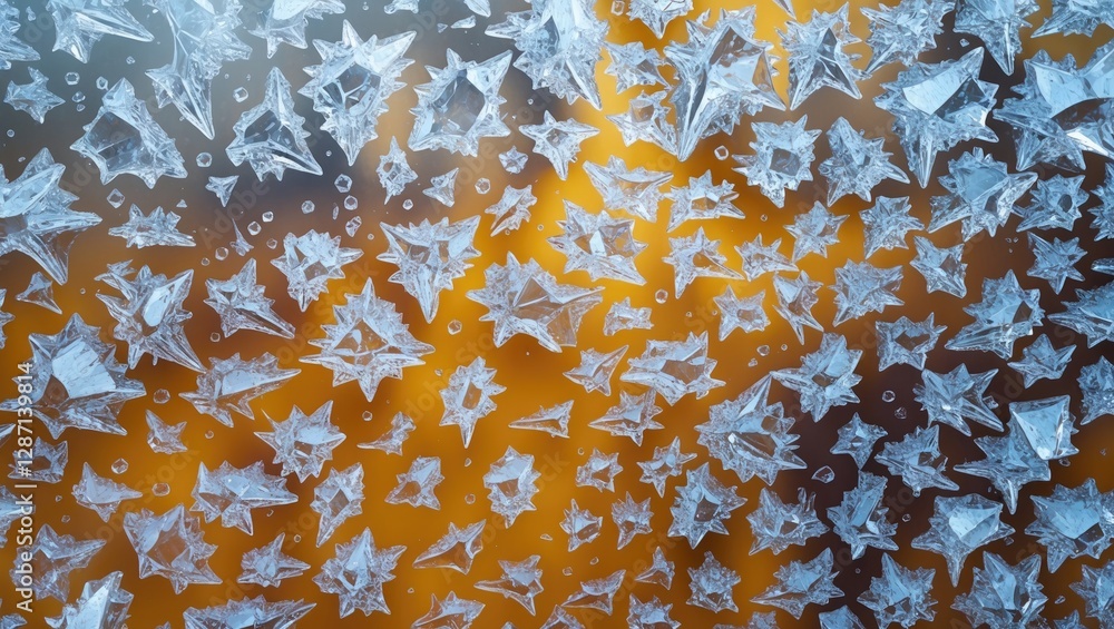 Aufkleber Intricate ice crystal patterns on a frosted surface with an orange background showcasing nature's delicate beauty and unique textures.