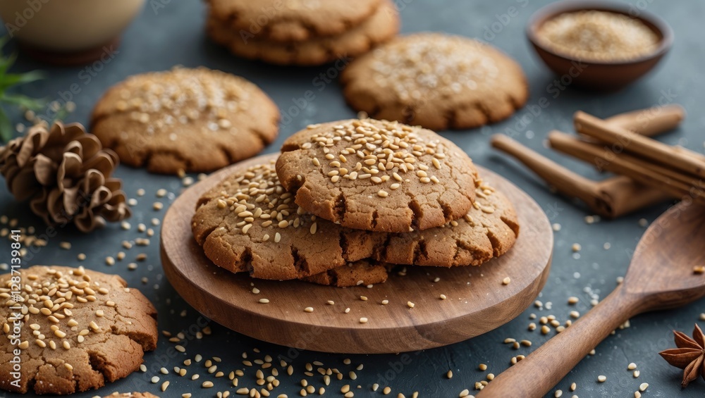 Aufkleber homemade ginger cookies topped with sesame seeds on rustic wooden board with empty space for text an