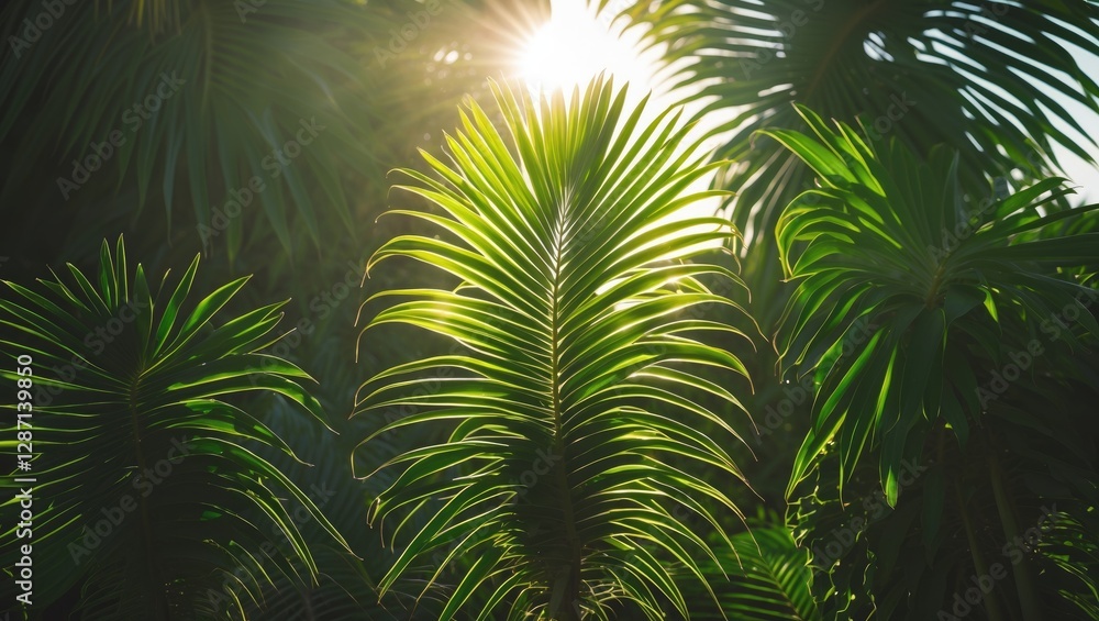 Poster lush green palm leaves illuminated by sunlight creating a serene tropical atmosphere with space for 