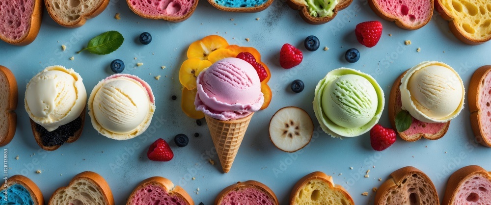Poster Colorful Ice Cream Scoops on Vibrant Bread with Fresh Berries and Empty Space for Text Overlay in a Bright Playful Arrangement