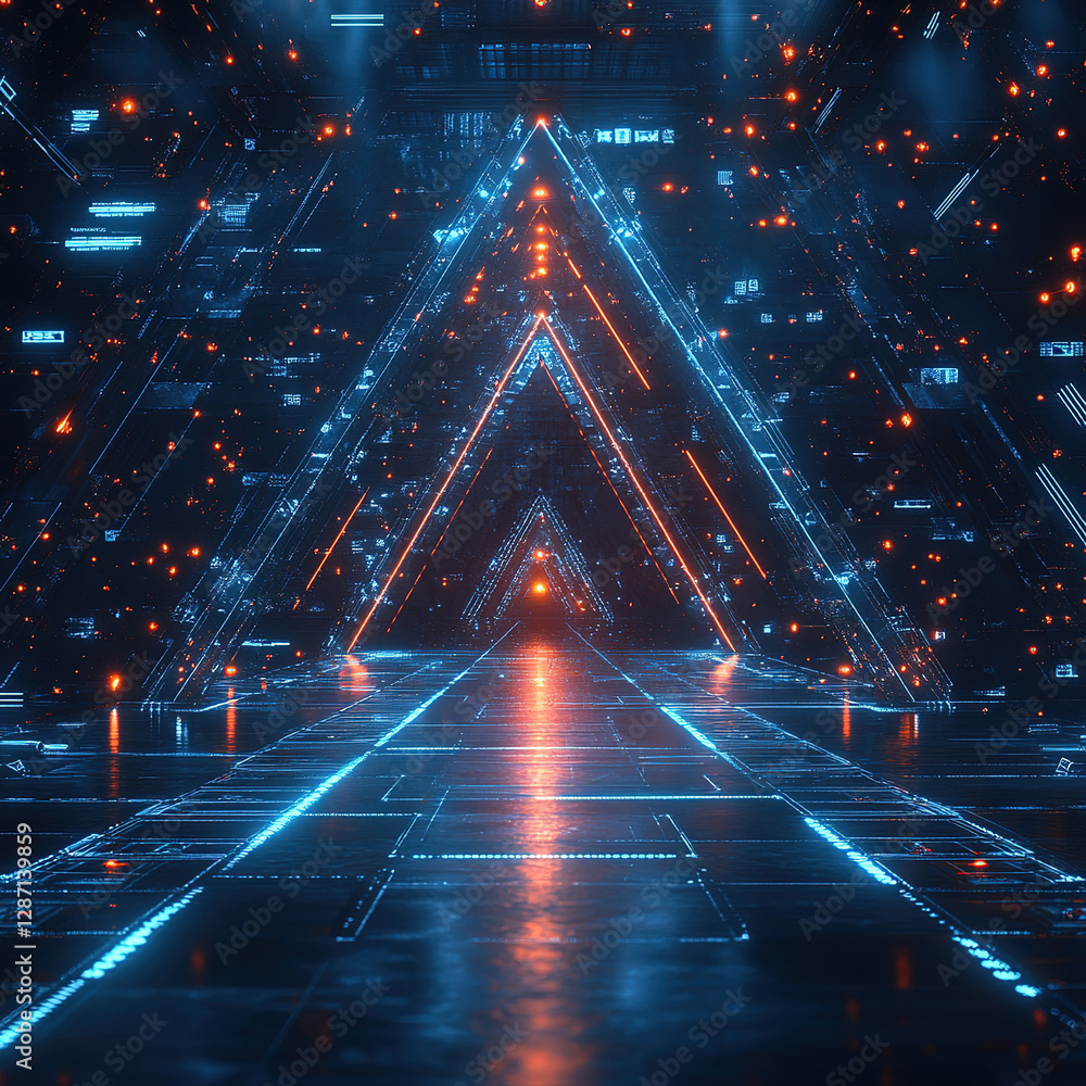 Poster futuristic digital tunnel exploration virtual reality world 3d rendered image neon environment wide 