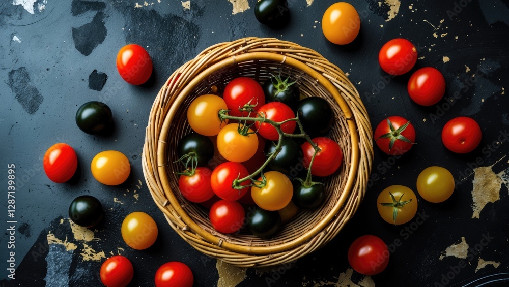 Poster Assorted Cherry Tomatoes in Wicker Basket with Colorful Varieties on Dark Grunge Background for Culinary and Food Photography.