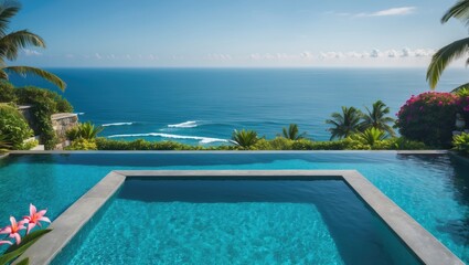 Fototapeta premium Luxurious Infinity Pool Overlooking Serene Ocean Waves and Lush Tropical Landscape